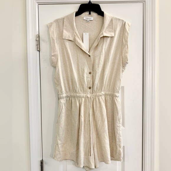 Gilli Pants - Beige Linen Blend Short Sleeve Romper with Button Front Drawstring Waist Size L